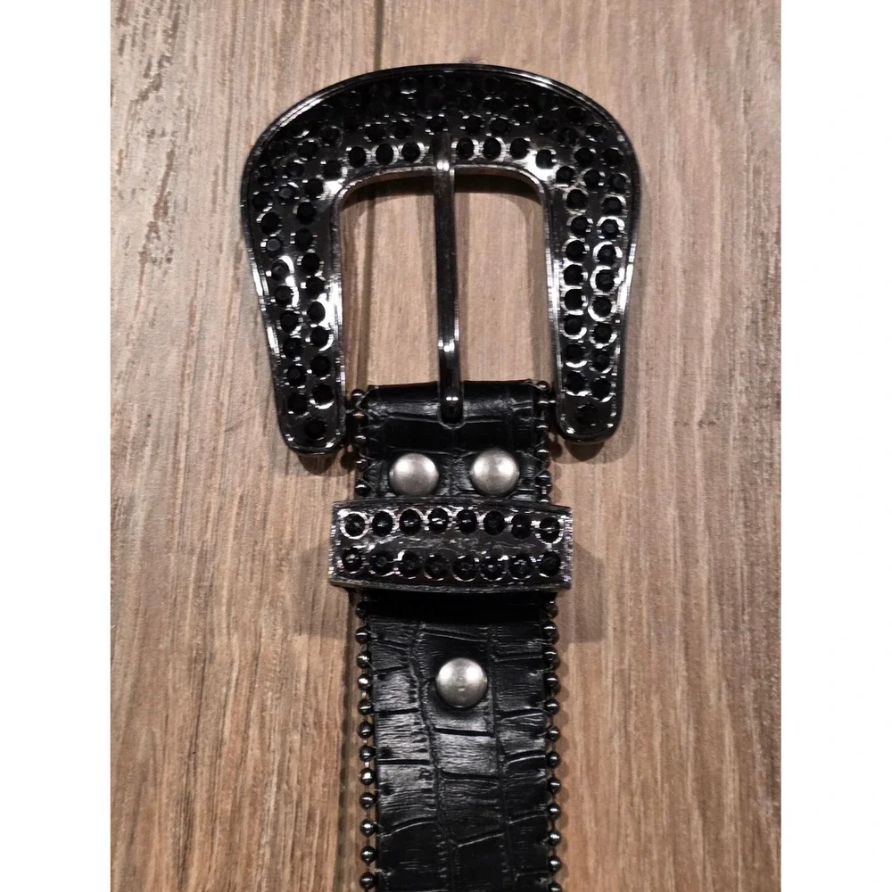Western Black‎ Rhinestone Belt Genuine Leather XL Croc Embossed Cowboy Punk